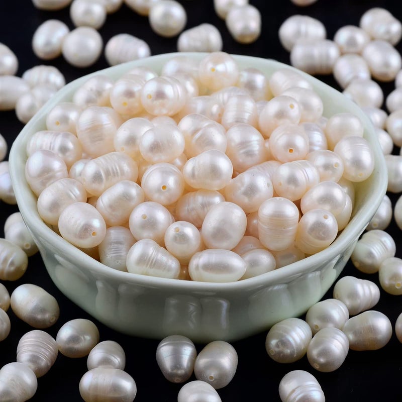 Eswala Pearls Beads for Jewelry Making 100pcs 8-9mm Natural Genuine Real Freshwater Cultured Pearl White Rice Oval Loose Gemstone Bead Holes 0.7mm DIY Crafts Necklaces Earrings (White  8-9mm) - Image 1